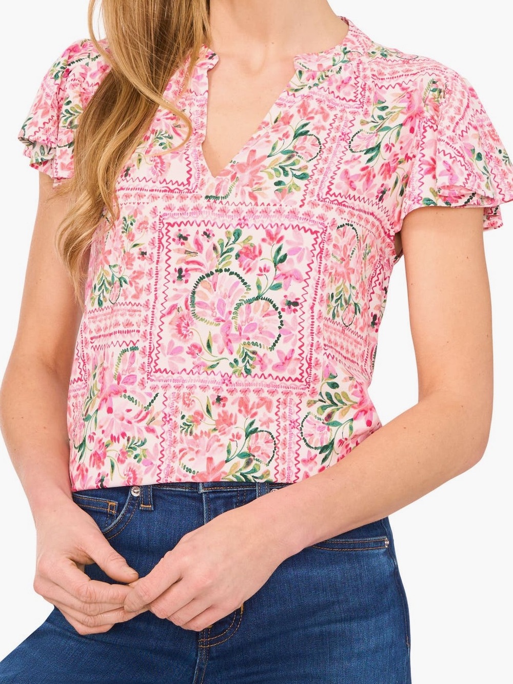 SALE CeCe Floral Flutter Sleeve V Neck Challis Top